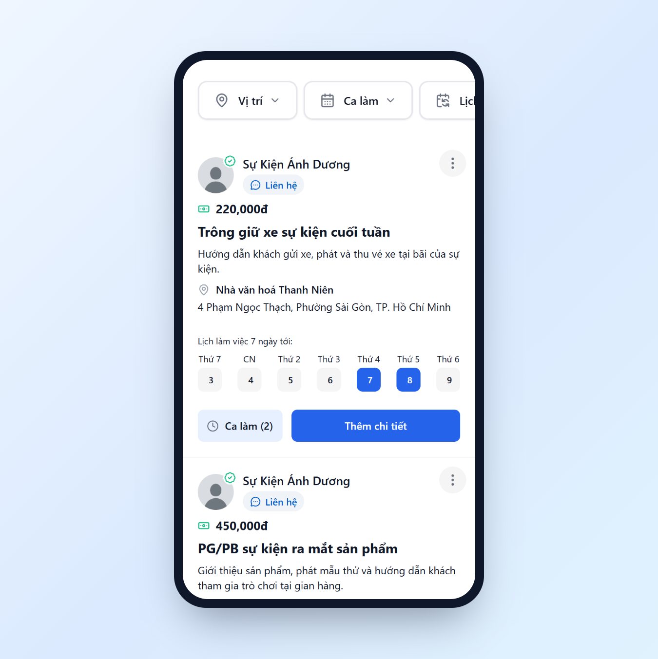 Danh sách việc làm thời vụ gần bạn trên app JobFling, có lương và lịch ca