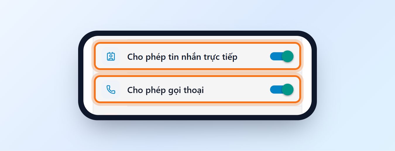 Hai công tắc Cho phép tin nhắn trực tiếp và Cho phép gọi thoại trong Hồ sơ