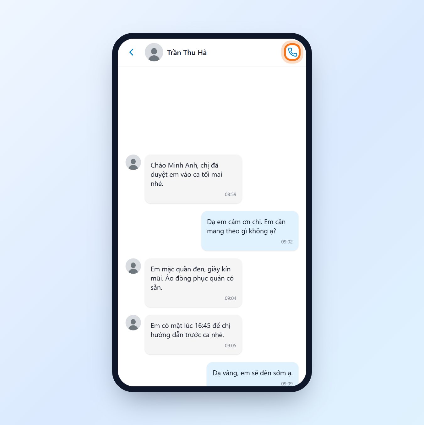 Cuộc trò chuyện với nhà tuyển dụng trong app JobFling, nút gọi ở góc trên