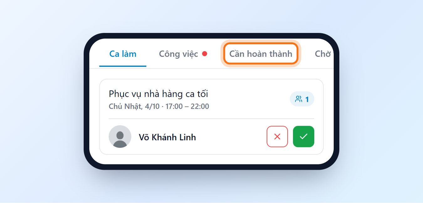 Tab Hoạt động với mục Cần hoàn thành và Chờ thanh toán