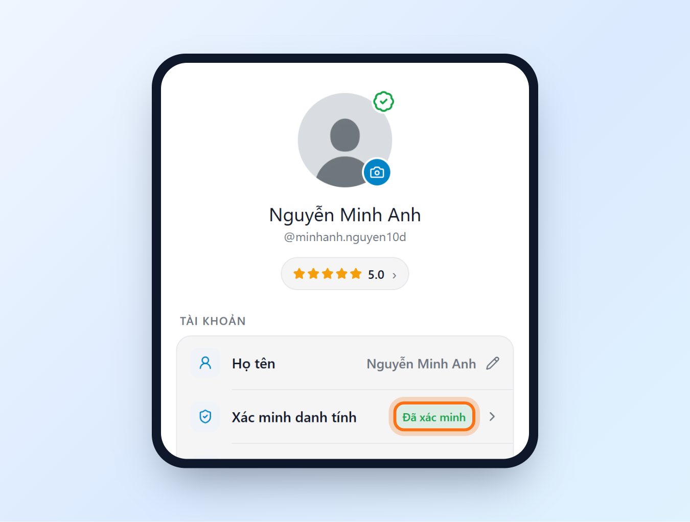 Trang Hồ sơ hiện trạng thái Đã xác minh