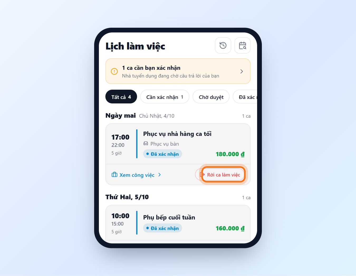 Nút Rời ca làm việc trên thẻ ca trong Lịch làm việc
