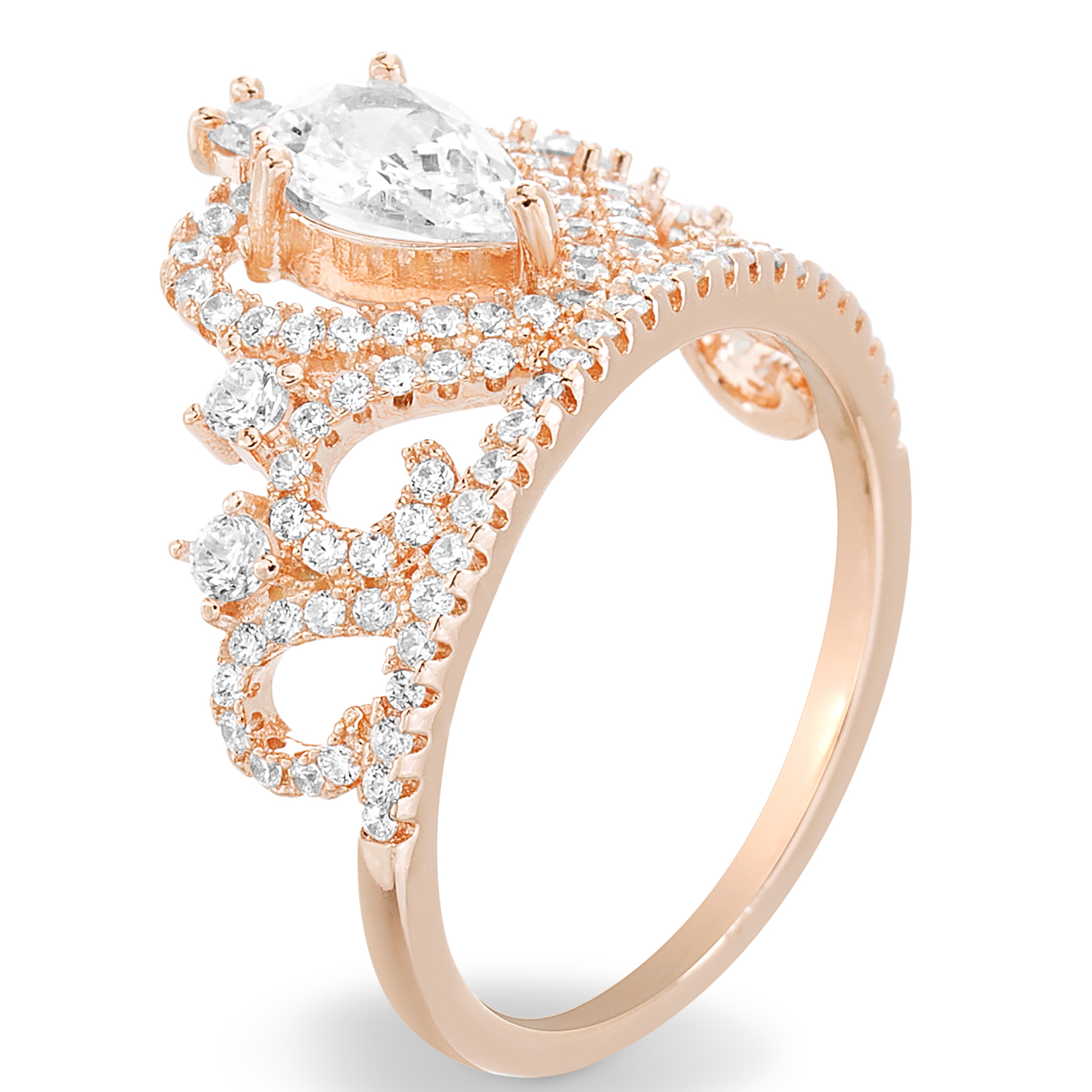 Anillo Corona corazon, piedras blancas, rosado