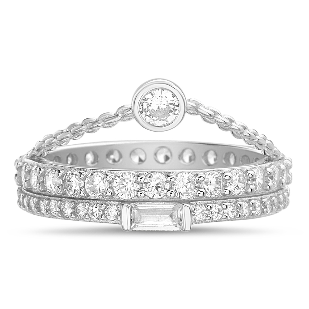 Anillo doble sin fin, con una baguette, piedras redondas, y " cadenita " rigida con piedra elevada