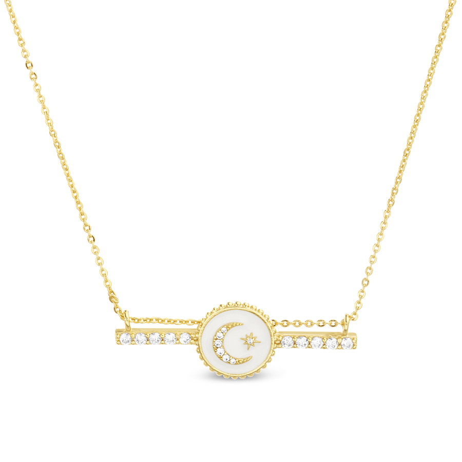 Conjunto amarillo medallita esmaltada  luna- estrella, con barrita de piedras