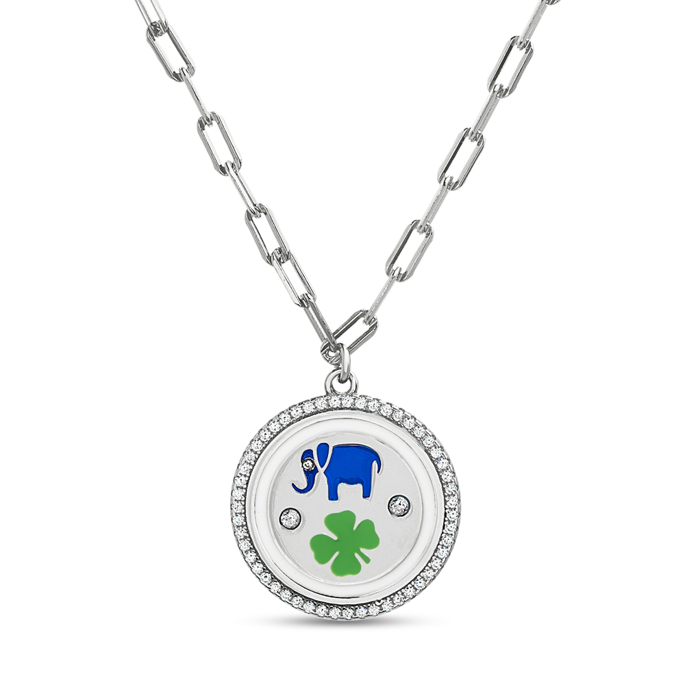 Conjunto medalla esmaltada, elefante, trebol, piedras blancas