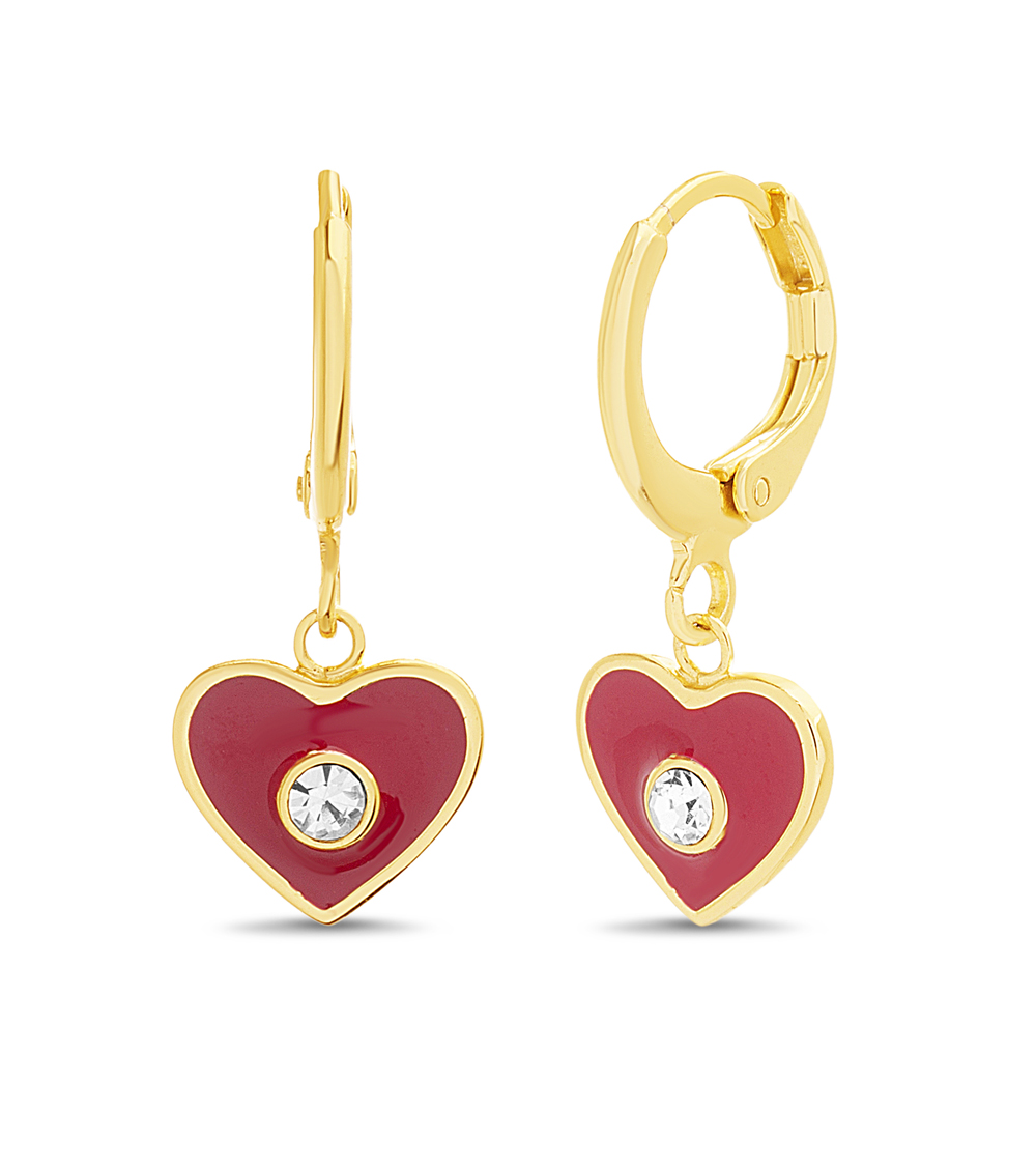 Par aros colgantes, corazon, amarillos, con esmalte rojo