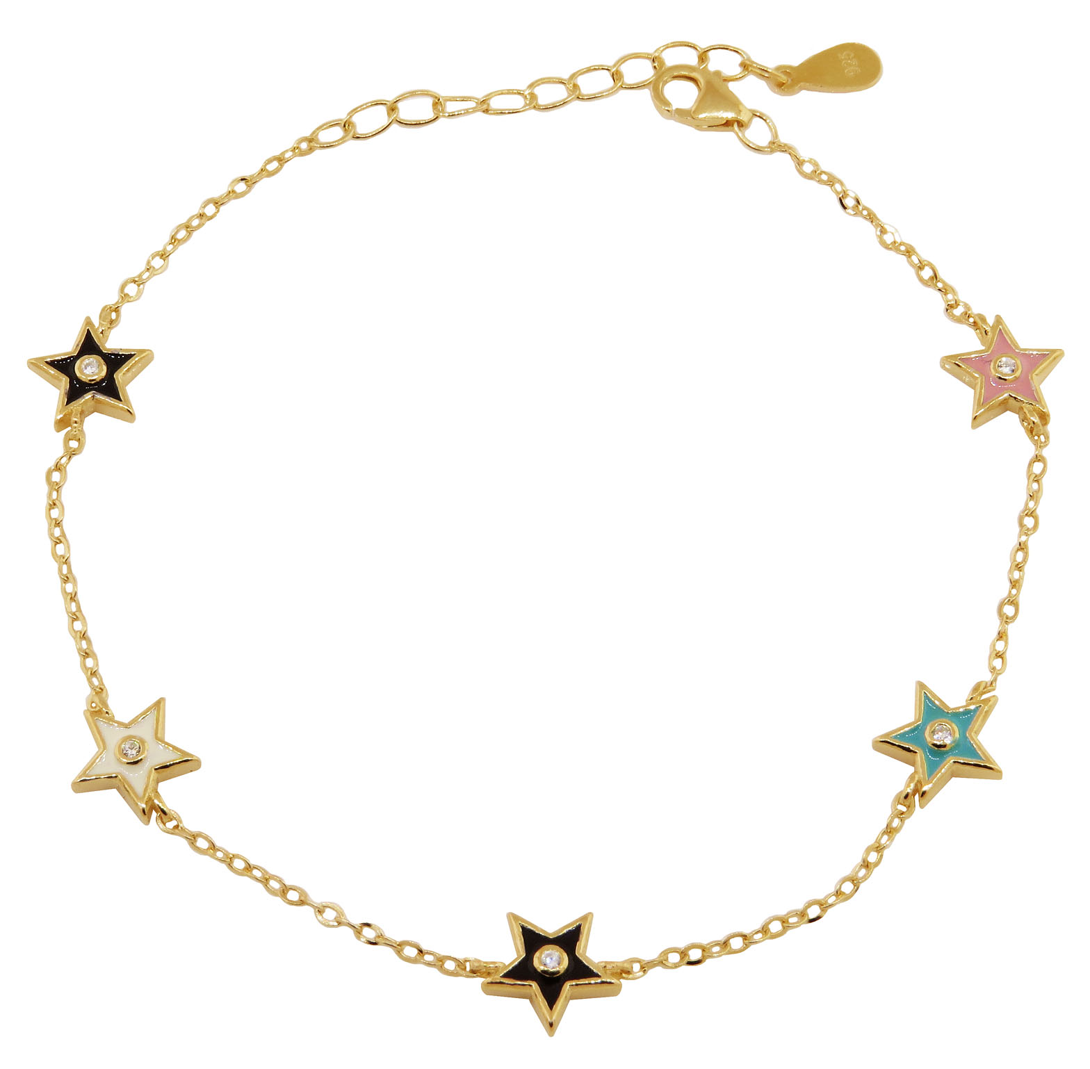Pulsera rosada con 5 estrellas esmaltadas y piedras blancas