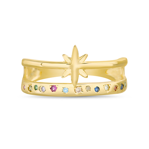 Anillo amarillo doble , estrella y piedras multicolor