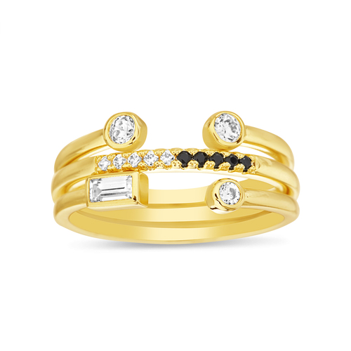Anillo triple amarillo, abierto, piedras blancas y negras