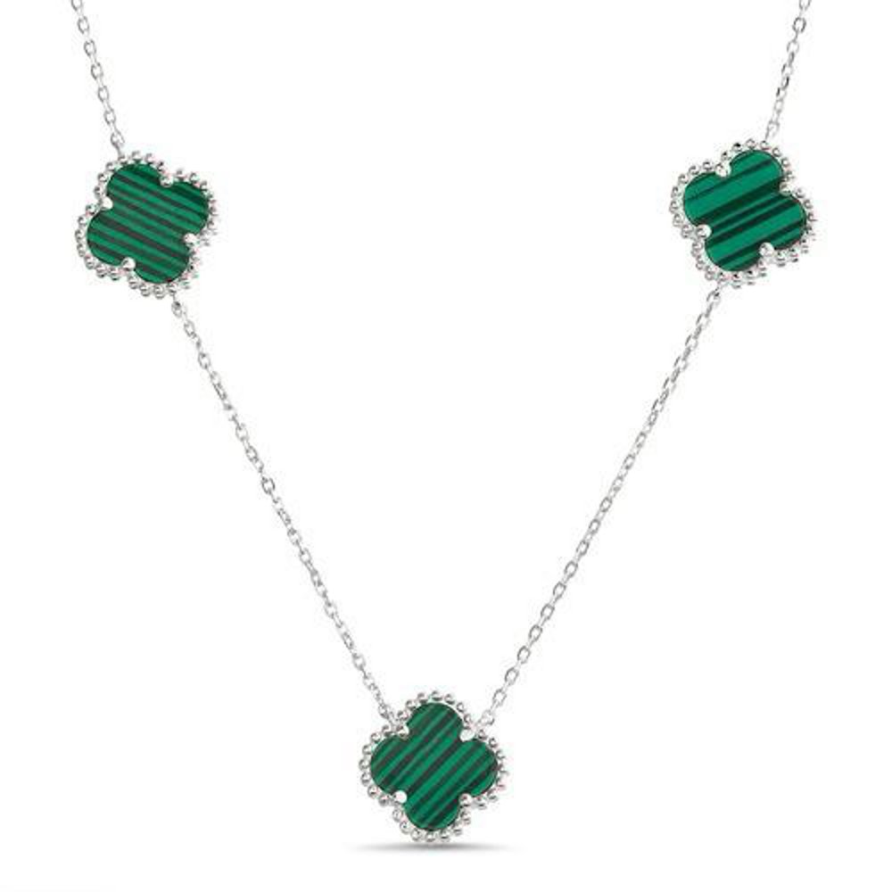 Conjunto trebol plateado con verde. Largo 45 cm