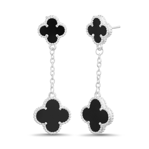 Par aros colgantes doble trebol, plateados con onix