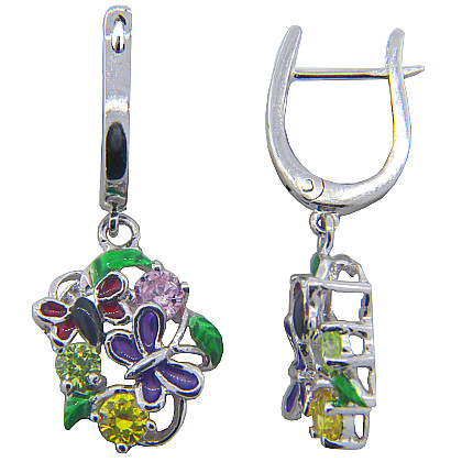 Par aros mariposas, tres piedras, esmalte, colgantes