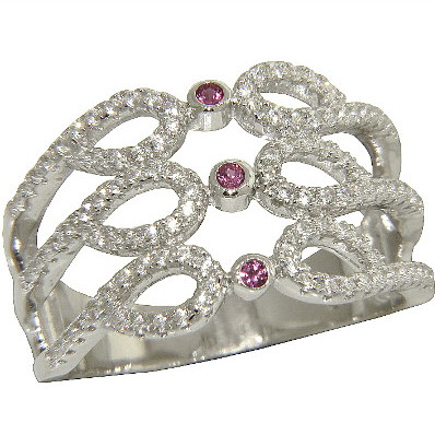 anillo triple con piedras blancas y tres rosadas
