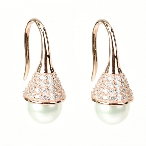 Par aros linea Premium, perla, pasante, colgante, con piedras por arriba, rosados