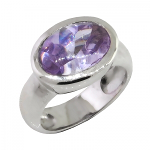 Anillo Class Oval, platabella ,apaisado, piedra color amatista claro, facetada