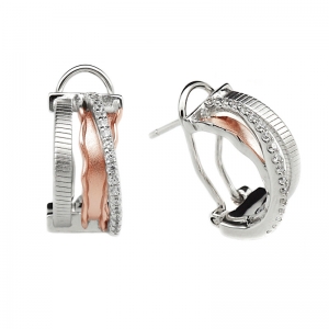 Par aros argolla linea premium, hilo retorcido, tira cruzada de piedras, cierre pasante y clip, blanco y rosado