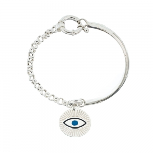 Pulsera media ca&ntilde;a / rolo, con medalla ojito y esmalte