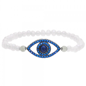 Pulsera de perlas, con ojito en el centro con piedras azules, ajustable