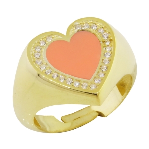 Anillo amarillo corazon, centro esmaltado rosado y piedras