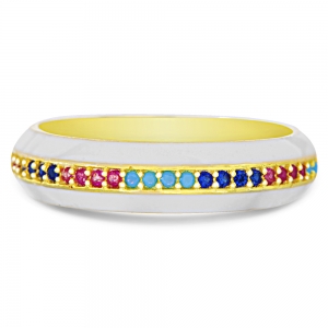 Anillo sin fin, amarillo, con esmalte blanco y piedras multicolor