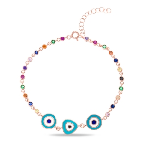 Pulsera rosada de piedras multicolor, con 3 ojitos esmaltados