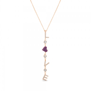 Conjunto Love rosado colgante, con corazon rodio negro y piedras rosadas