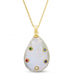 Conjunto perla con piedras multicolor, dorado