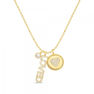 Conjunto cadena bolitas, piedra con virola, loved, medalla con corazon pavee, amarillo