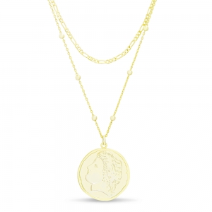 Conjunto doble cadena, bolitas, medalla, amarillo
