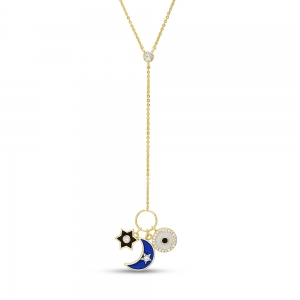 Corbatero amarillo, arandela con dijes estrella, luna y ojito