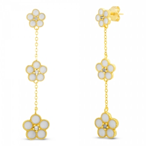 Par aros colgantes, triple flor, amarillo, esmalte blanco 