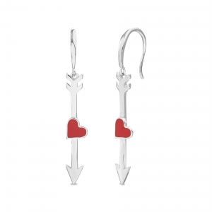 Par aros flecha colgantes, corazon esmalte rojo