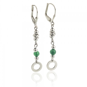Par aros arandela, piedra verde, bolitas, cierre brisura, colgantes