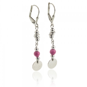 Par aros circulo, piedra fucsia , bolitas, cierre brisura, colgantes