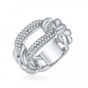 Anillo linea premium, eslabonado, con ovalo pavee en el centro, blanco.