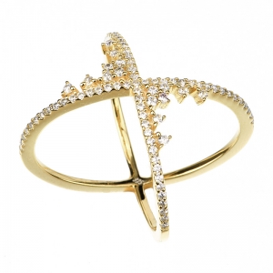 Anillo linea premium, cruzado, con piedras, amarillo
