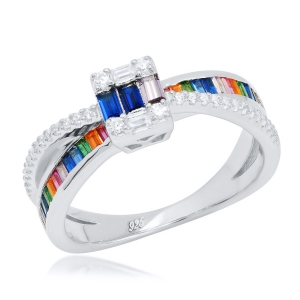 Anillo linea premium, solitario, medio sin fin, cruzado, de piedras baguettes multicolor