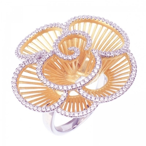 Anillo linea premium, flor, calada, satinada, con piedras, amarilla