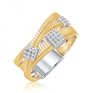 Anillo linea premium, hilo retorcido, cruzado, apliques cuadrados pavee, amarillo