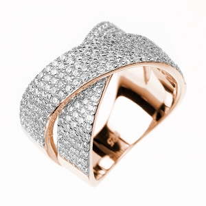 Anillo linea premium, cruzado, pavee , rosado con rodio blanco