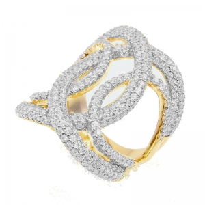 Anillo linea premium , calado, cruzado, pavee, amarillo con rodio blanco