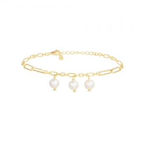 Pulsera eslabonada, amarila, con 3 perlas colgantes
