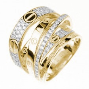 Anillo linea premium, ancho, amarillo, tiras pavee con tachas