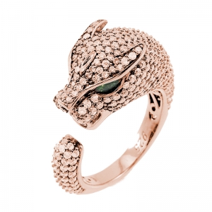 Anillo linea premium, pantera, pavee, abierta, rosado , piedras verdes en los ojos