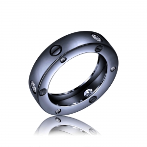 Anillo sin fin ancho, piedras y tachas, rodio negro