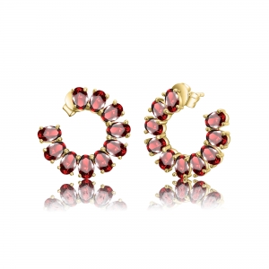 Par aros semic&iacute;rculo amarillo con piedras ovaladas fucsia