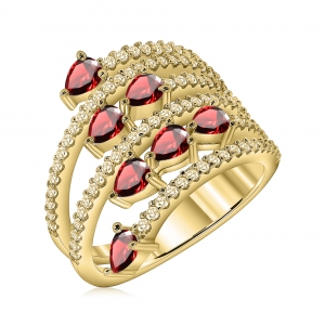 Anillo vueltas, amarillo, piedras blancas y fucsia