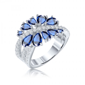ANILLO PETALOS AZULES  RODINADO