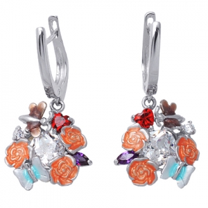 Par aros, piedra blanca central, flores, esmalte